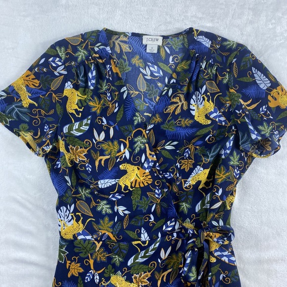 2/$30 J Crew Factory Wrap Dress 0 Navy Blue Cheetah Jungle Novelty Print Satin - Picture 3 of 13